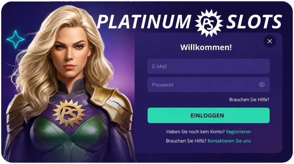 PlatinumSlots Login-Fenster mit E-Mail, Passwort und der Schaltfläche Einloggen