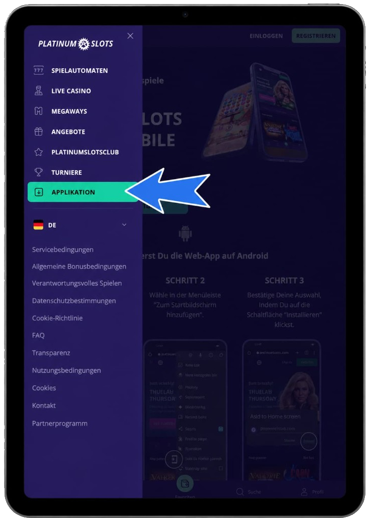 Platinumslots Menü mit der Schaltfläche Applikation